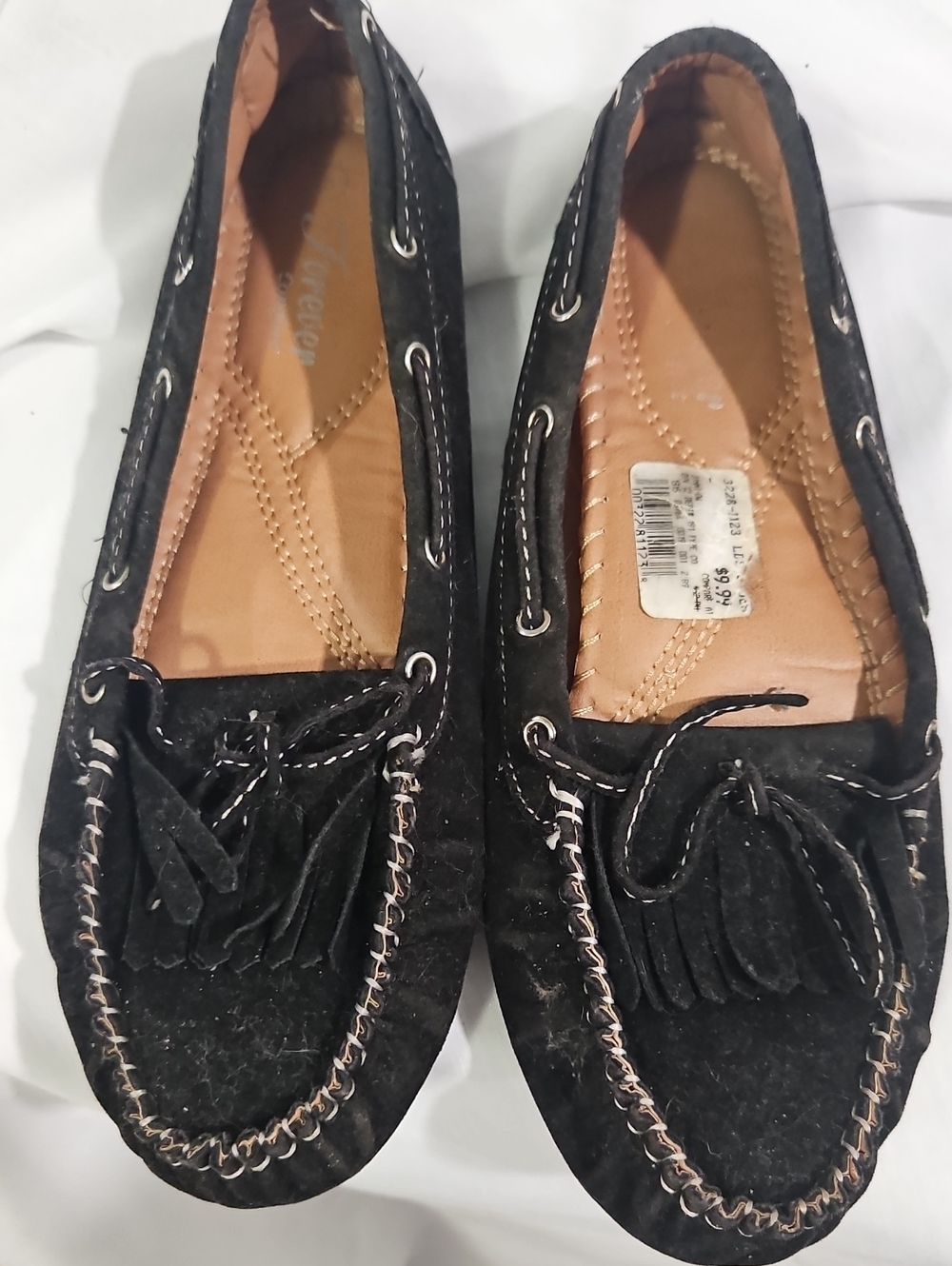 Black Synthetic Faux Suede Tassel Moccasins with Contrast Stitching